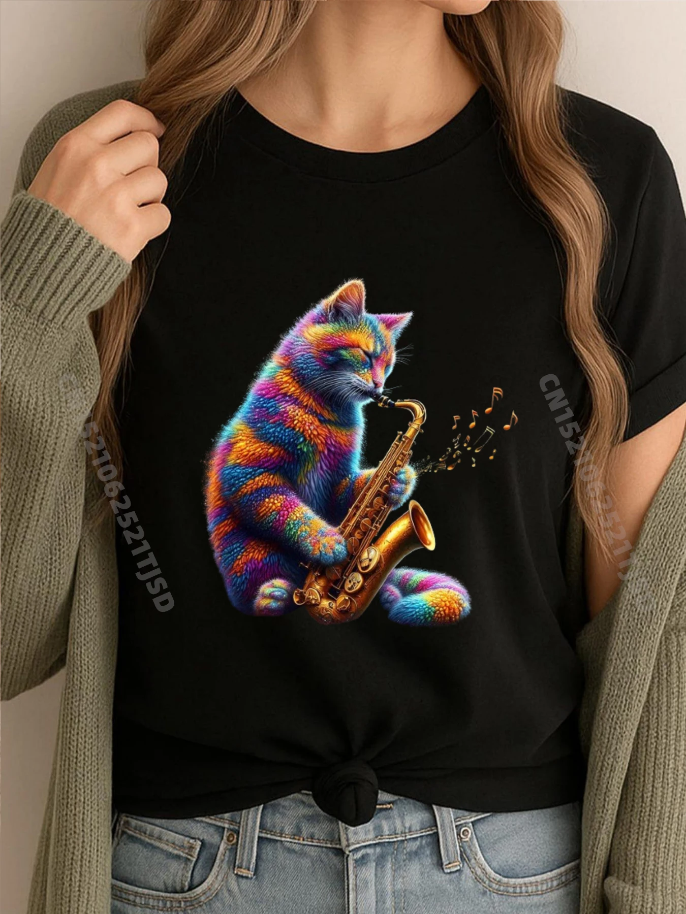 

Красочный кот играет на саксофоне, любитель музыки, котенок, аниме, футболки, топы