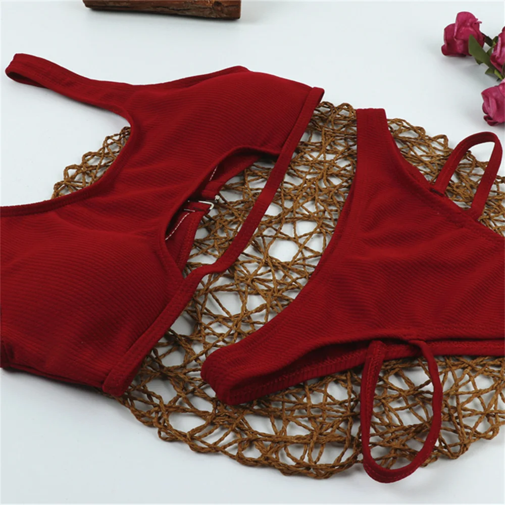 Sexy claret conjuntos de biquinis oco biquíni maiô sem costas tankini com nervuras tangas férias banho feminino roupa de praia