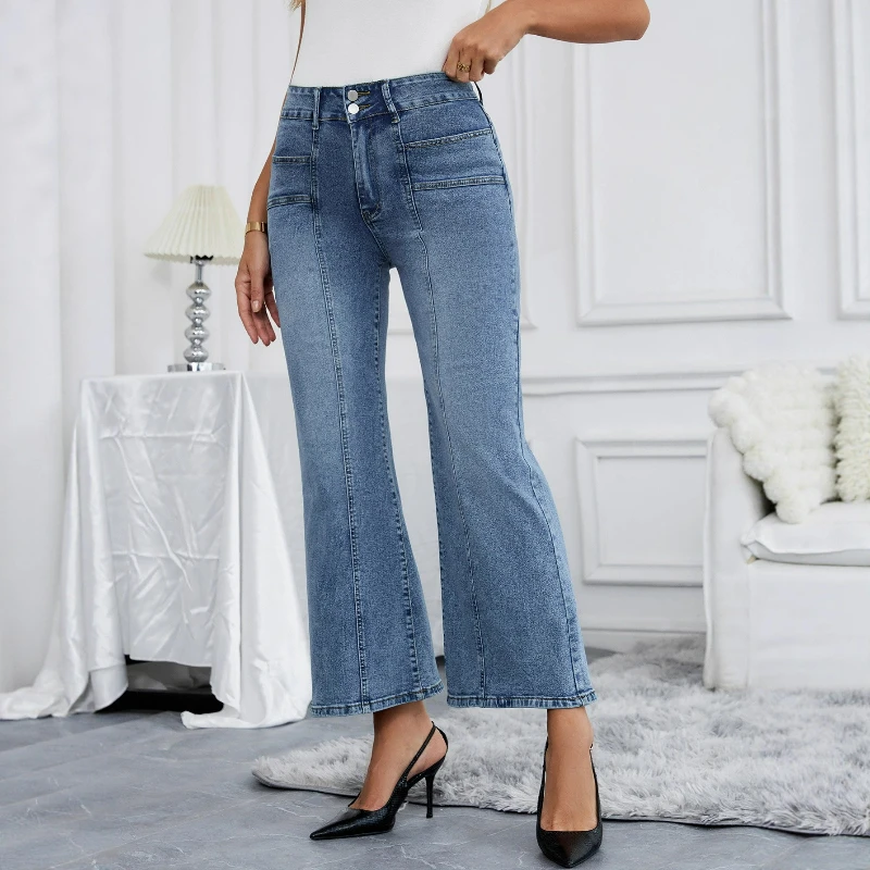 

Женские джинсовые брюки, винтажные расклешенные брюки с карманами, повседневные брюки с высокой талией, однотонные женские потертые джинсы, осень-зима