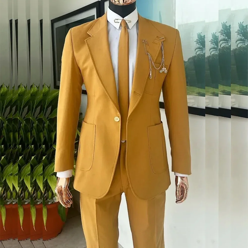 

Elegant Yellow Blazer Male Clothing Notch Lapel Single Breasted Skinny Costume Homme 2 Piece Jacket Pants Wedding Outfits Set