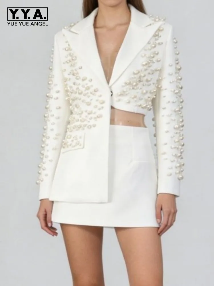 Spicy Ladies Lapel Long Sleeves Beading Suit Jacket Zipper A-Line Short Skirt Two Piece Set Solid Color Women Fashion Sets