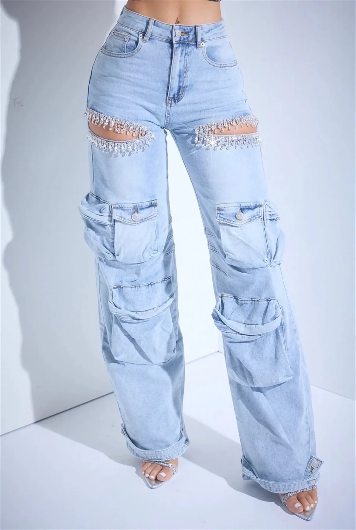 2024 women's tassel diamond cut pants mid waist straight leg jeans hollowed out style multi pocket elastic pants