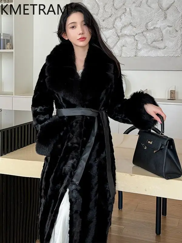 معاطف فرو المنك 100% من KMETRAM معطف نسائي فاخر أسود طويل من فرو المنك الحقيقي مع ياقة من فرو الثعلب 2025 ملابس شتويةшуба vrouwska
