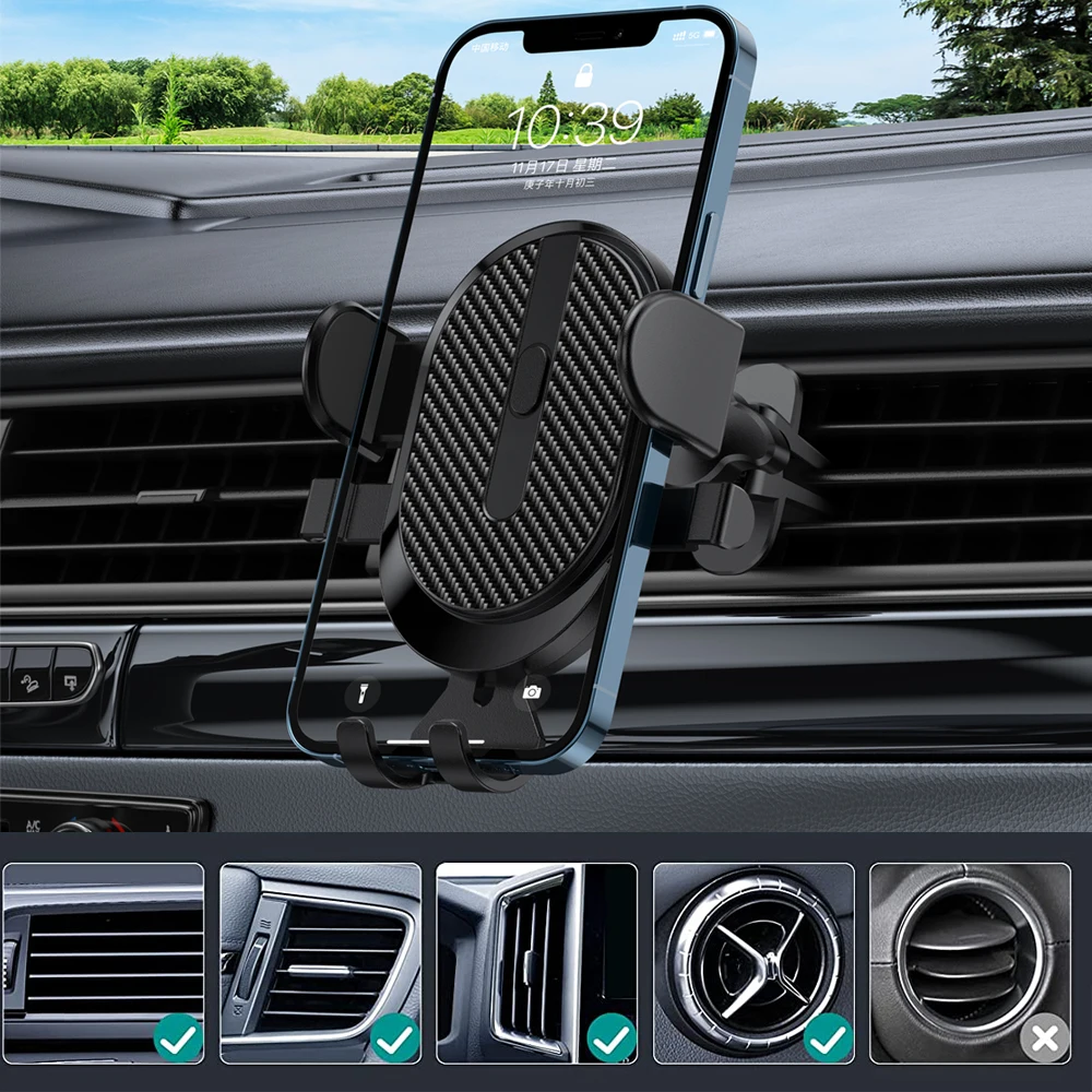 Auto Clamp Car Phone Holder Stand Strong Grip 360 Rotatable Air Vent Car Bracket For iPhone 14 13 12 Pro Max Samsung All Phones