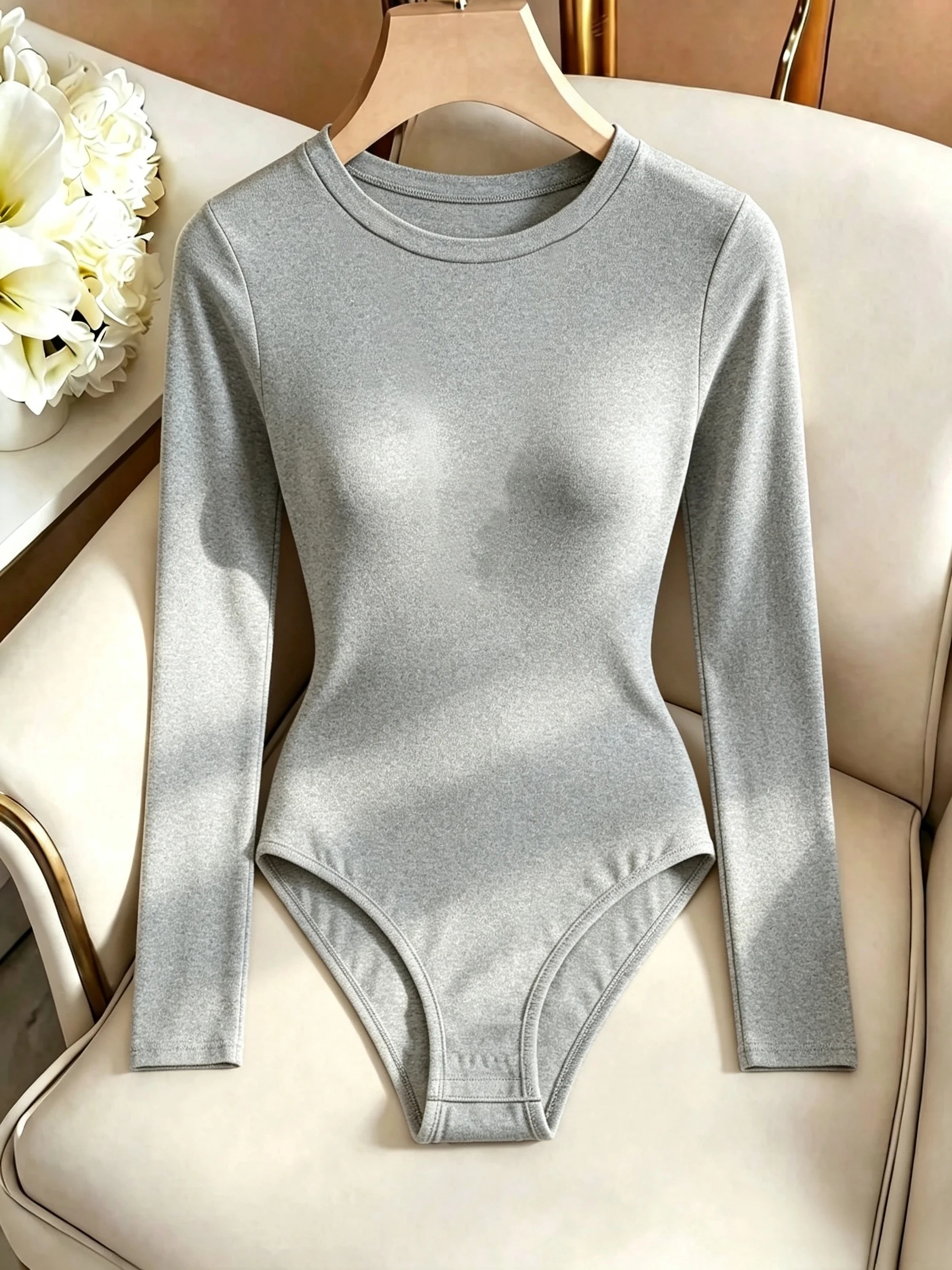 Damen-Body mit Rundhalsausschnitt und langen Ärmeln, hoch geschnitten, schmal geschnitten, figurbetont, Y2K, sexy, lässig, Basic, einteiliges Oberteil – Detail 33