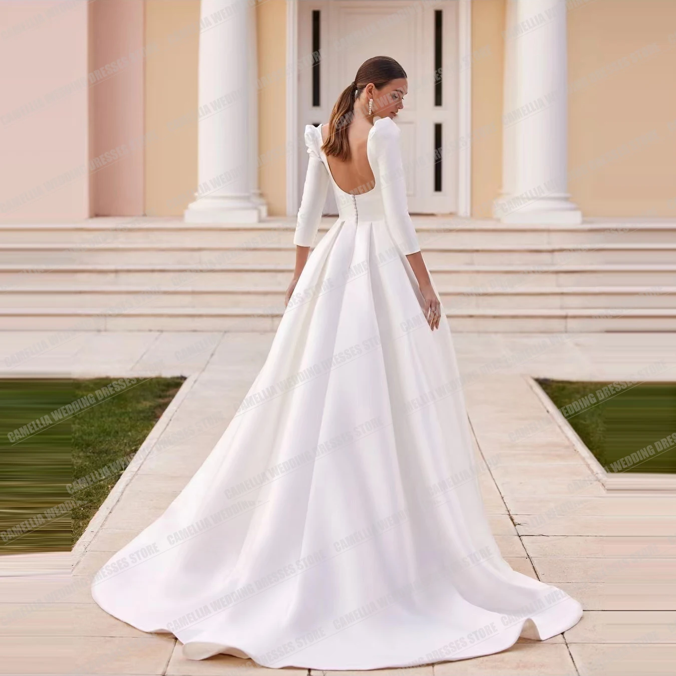 Simple A Line Wedding Dresses For Women Sexy Square Collar Backless Satin Formal Elegant Beach Party Bridal Gowns فستان الزفاف