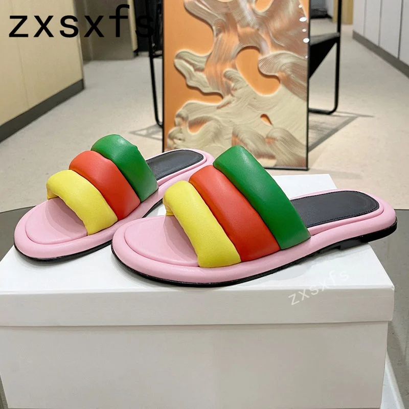 

2023 Summer New Leather Flats Slippers Slip On Open Toe Mules Brand Designer Casual Daily Shoes Holiday Sandals Mujer