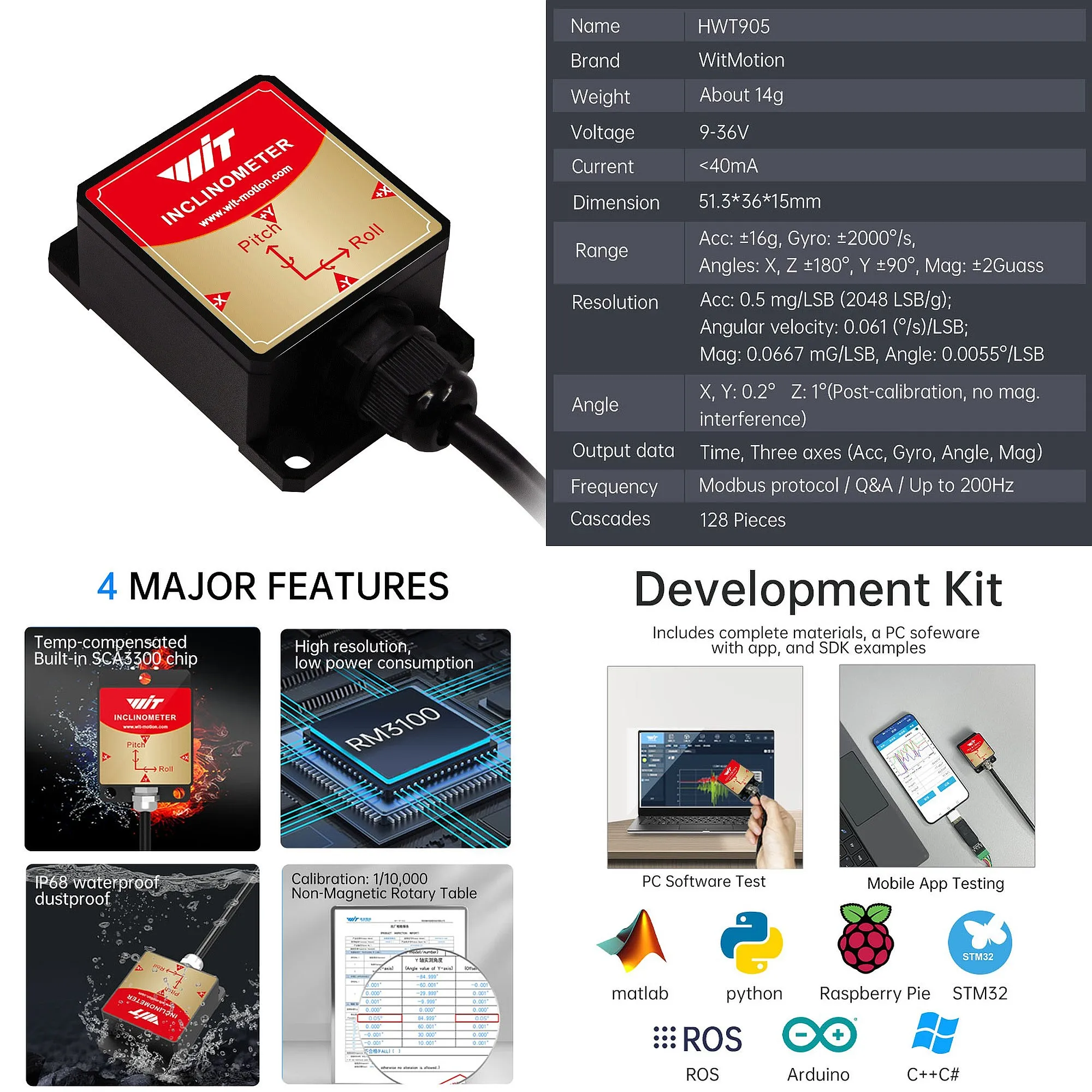 36V High Precision IMU Tilt Sensor HWT905 RS485 Accelerometer Inclinometer ±6G Customizable Length