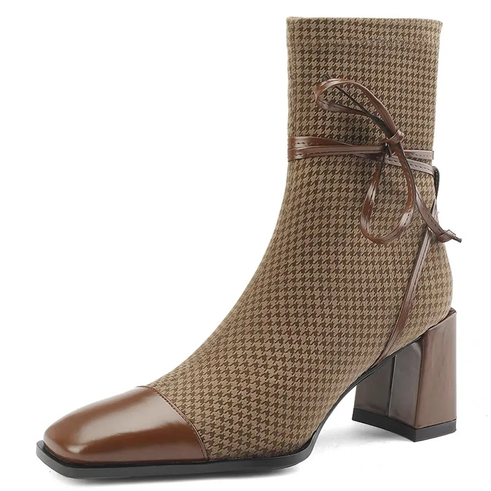 Темпераментная женская обувь с квадратным носком, новые женские ботинки, модные универсальные ботильоны, элегантные ботинки на высоком каблуке в стиле ретро с галстуком-бабочкой