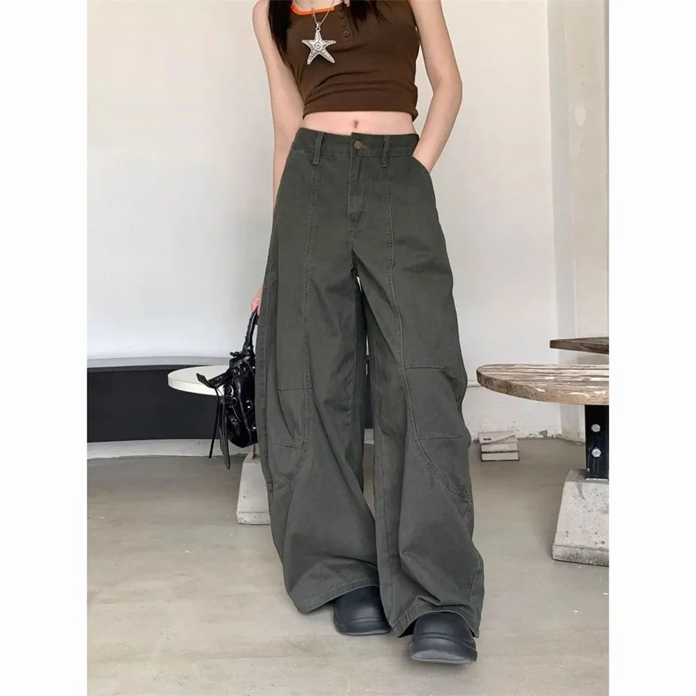 Army Green Women Cargo Pants High Waist Baggy emo Wide Leg Trousers Multi Pockets Casual Loose Y2K Streetwear Vintage Work Pants