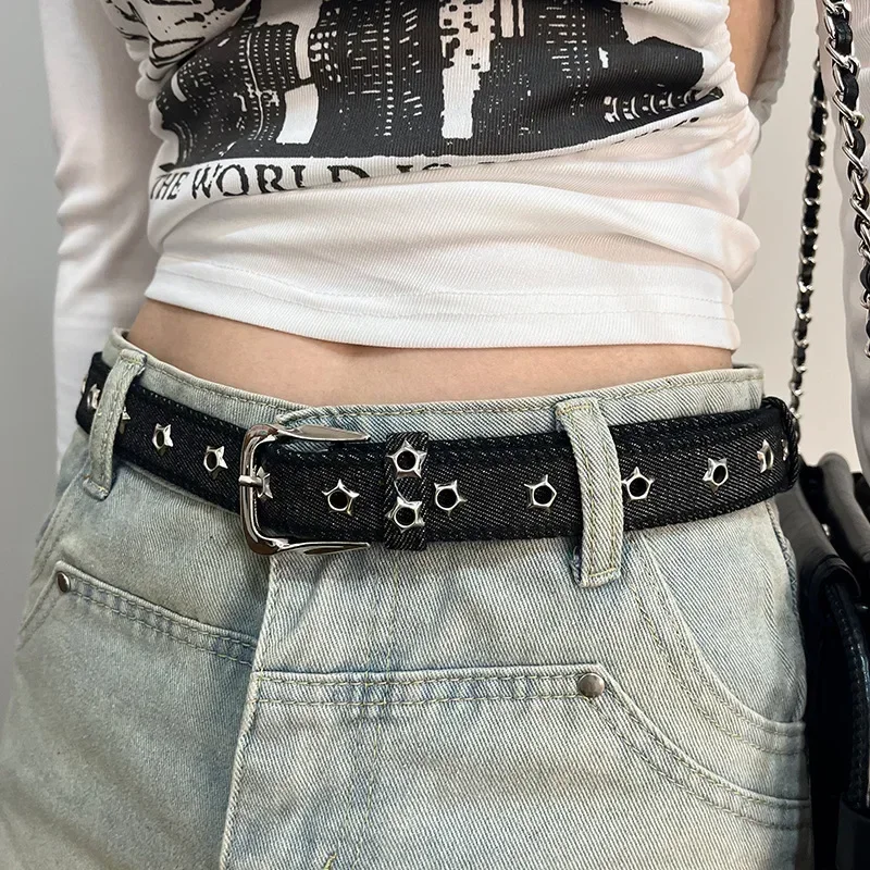 1 unidad de cinturón de lujo a la moda, accesorios Punk negros, faja vaquera azul, HipHop Y2k, cinturón con hebilla ahuecada de estrella, para hombres y mujeres