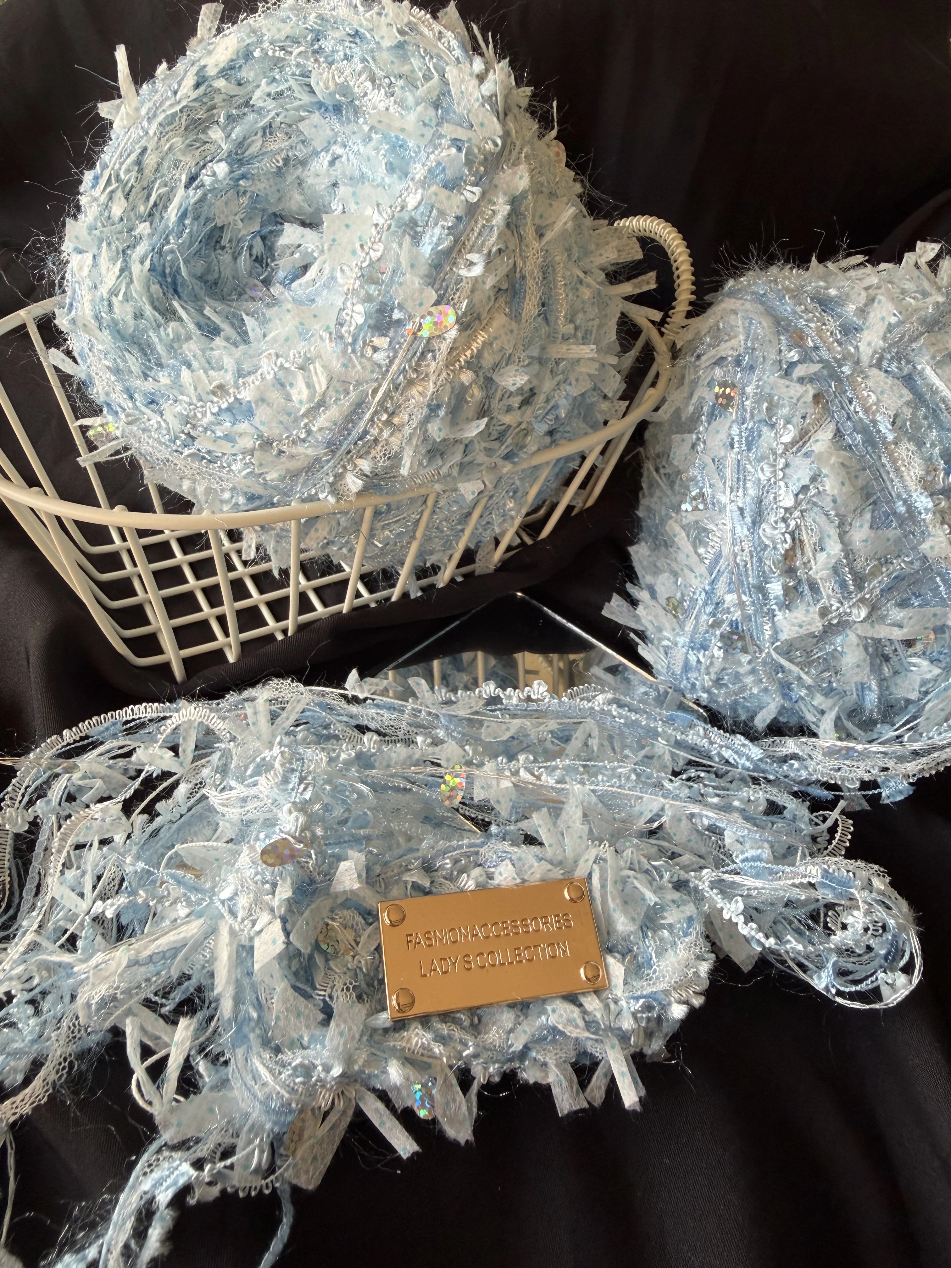 100g Per Skein Ice Blue Sequin Lace Hand Blended Yarn Fluffy Fancy Yarn for Crochet Knitting DIY Bag Scarf Craft view 4