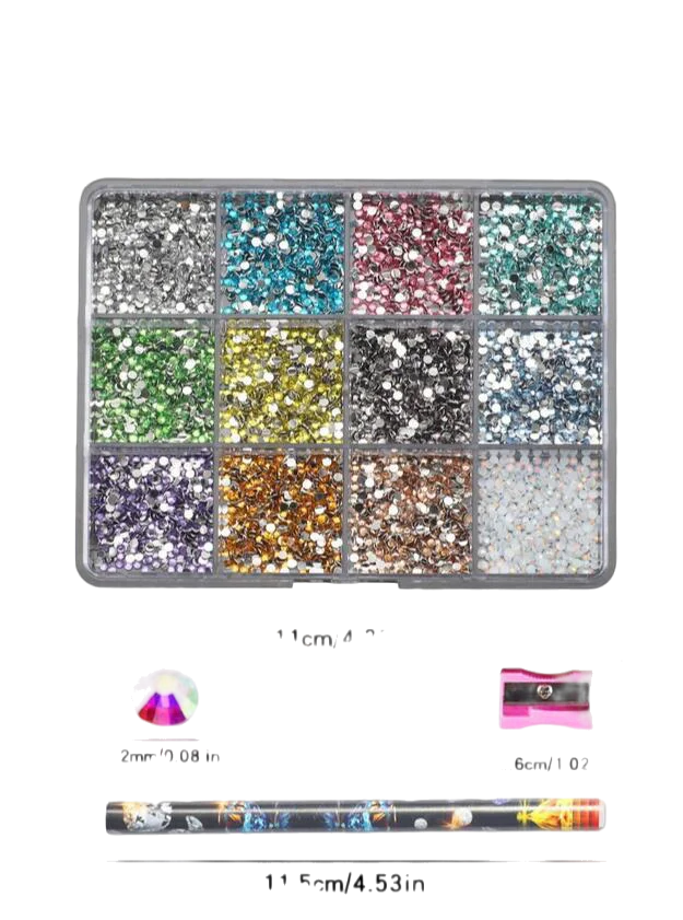 12칸(6000개) 3D 레진 네일 아트 라인스톤+도구 2mm 반짝이는 다이아몬드 네일 참 DIY 의류 휴대폰 케이스 매니큐어 액세서리