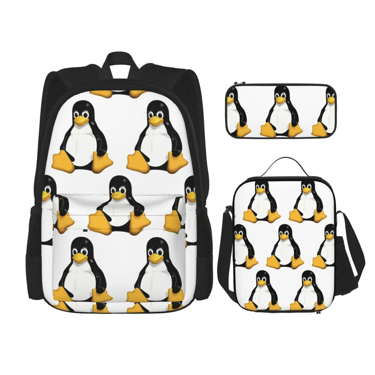 Tux Linux Mascot Backpacks Boys Girls Bookbag Children School Bags Kids Rucksack Lunch Bag Pen Bag Three-Piece Set