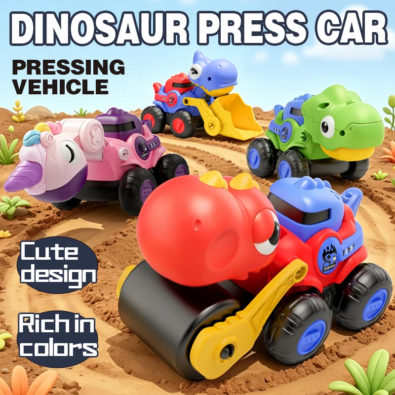 press-go-恐竜おもちゃの車、電池不要の摩擦動力エンジニアリング車両、幼児向け教育用耐久性のあるプレイセット（18ヶ月以上）