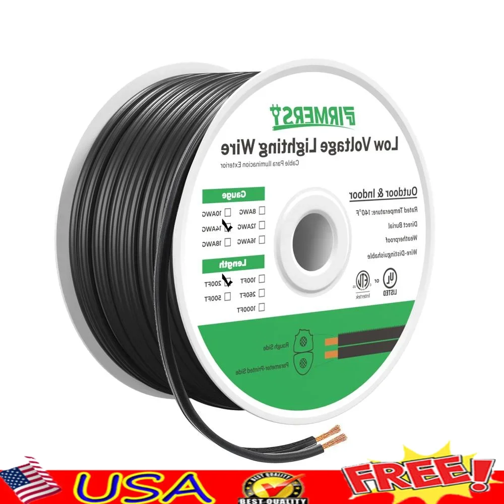 Outdoor Lighting Cable 200 Feet 14AWG*2C Waterproof Low Voltage Wire Black Garden Lights Path Spotlights Solar Panel Speaker