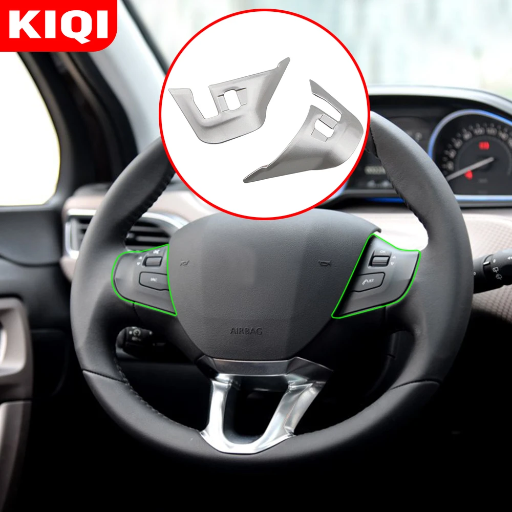 KIQI Chrome Steering Wheel Button Panel Frame Cover Trim Sticker for Peugeot 2008 2014 - 2019 Interior Moulding Accessories