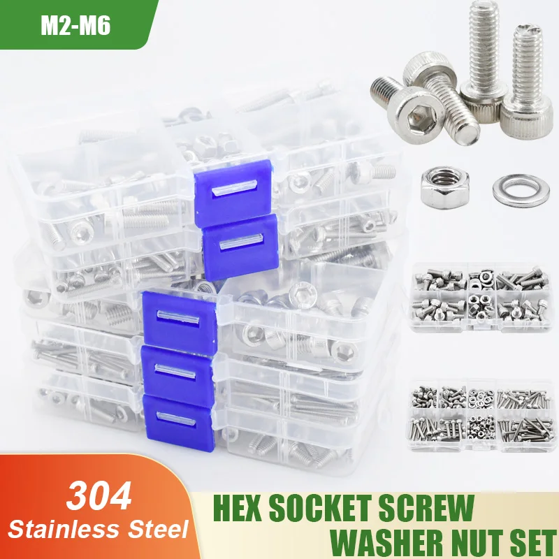 M2 M3 M4 M5 M6 Hex Socket Screw Nut Set 304 Stainless Steel Fairing Bolt Washer Nuts Set Hexagonal Machine Screws Assortment Kit