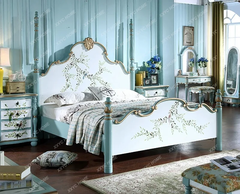 

Painted solid wood bed Mediterranean style folk 1.8 meters 1.5 meters princess bed
