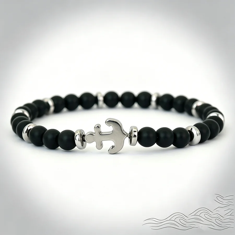 Pulsera de ancla de moda para hombre, piedra de ónix de 6mm, 2 colores disponibles, pulsera curativa de hematita natural, ligera y cómoda, Joyas