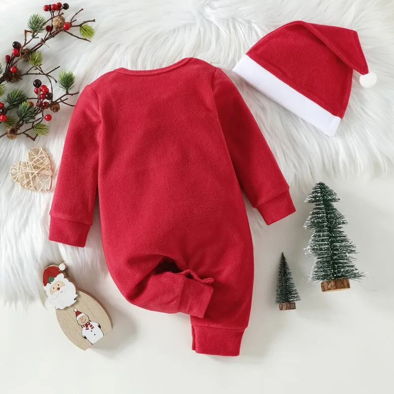 Christmas Baby Clothing Cozy Polar Fleece Romper in Festive Red Kids Long Sleeve Christmas Party Santa Bodysuit with A Free Hat