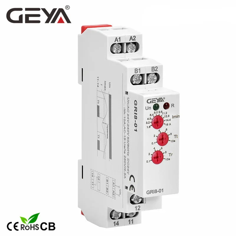 GEYA GRI8 Current Relay Monitoring Range Overcurrent Undercurrent Switch 0.05A-16A AC24-240V OR DC24V