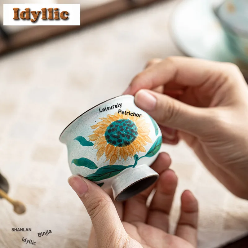 2pc/lot Hand-painted Sunflower High Foot Teacup Elegant Tea Bowl Tea Cup Set Tea-tasting Personal Cup Jianzhan Master Cups 70ml