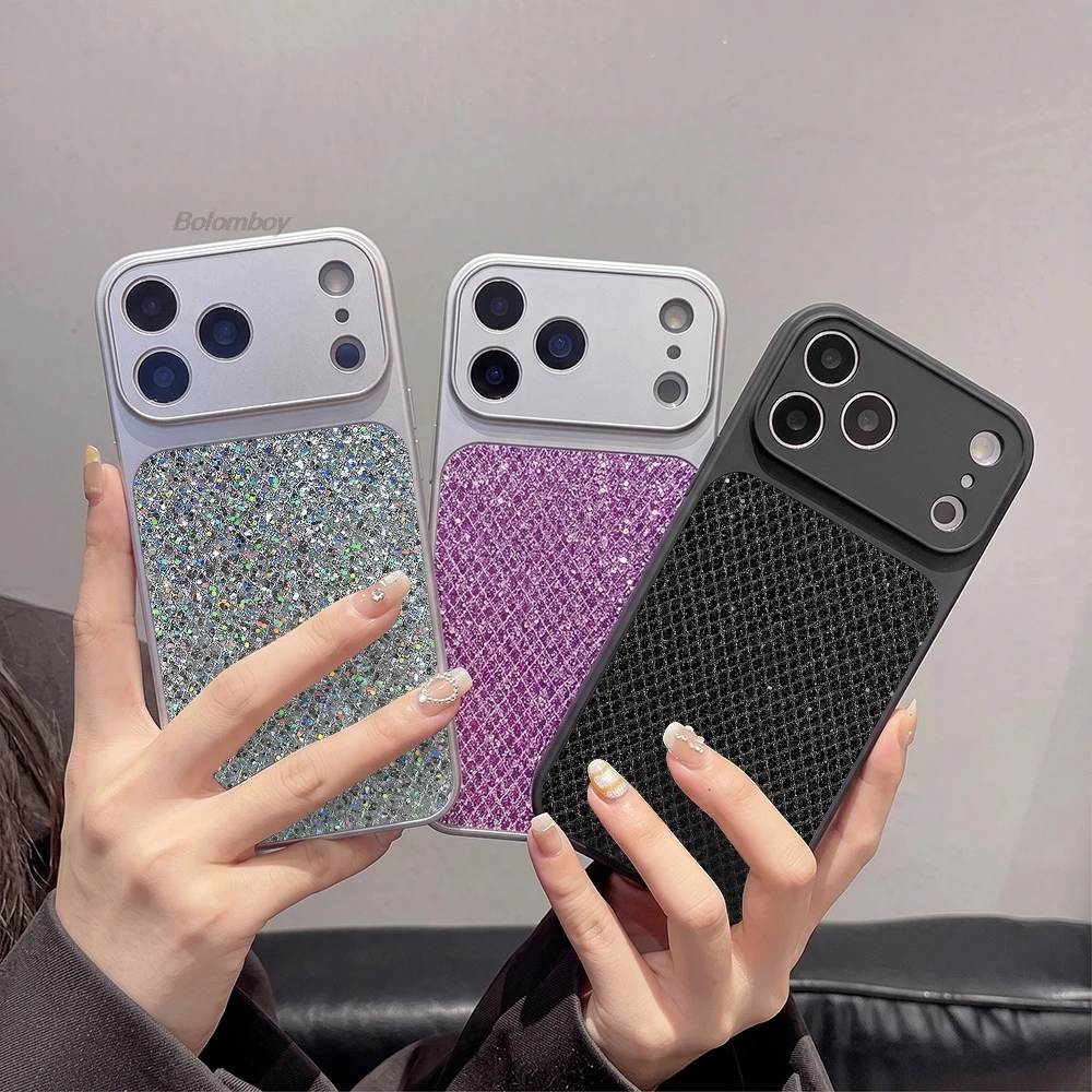 Luxury Rhombus Grid Glitter Sequin Phone Case For iPhone 18 17 Pro Max 16 15 14 13 12 11 Shiny Large Window Lens Protect Cover