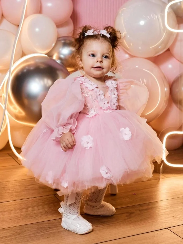 Custom Flower Girl Dress Long Puff Sleeve Tulle 3D Flower Knee Length For Baby First Birthday, Christening & Studio Photography