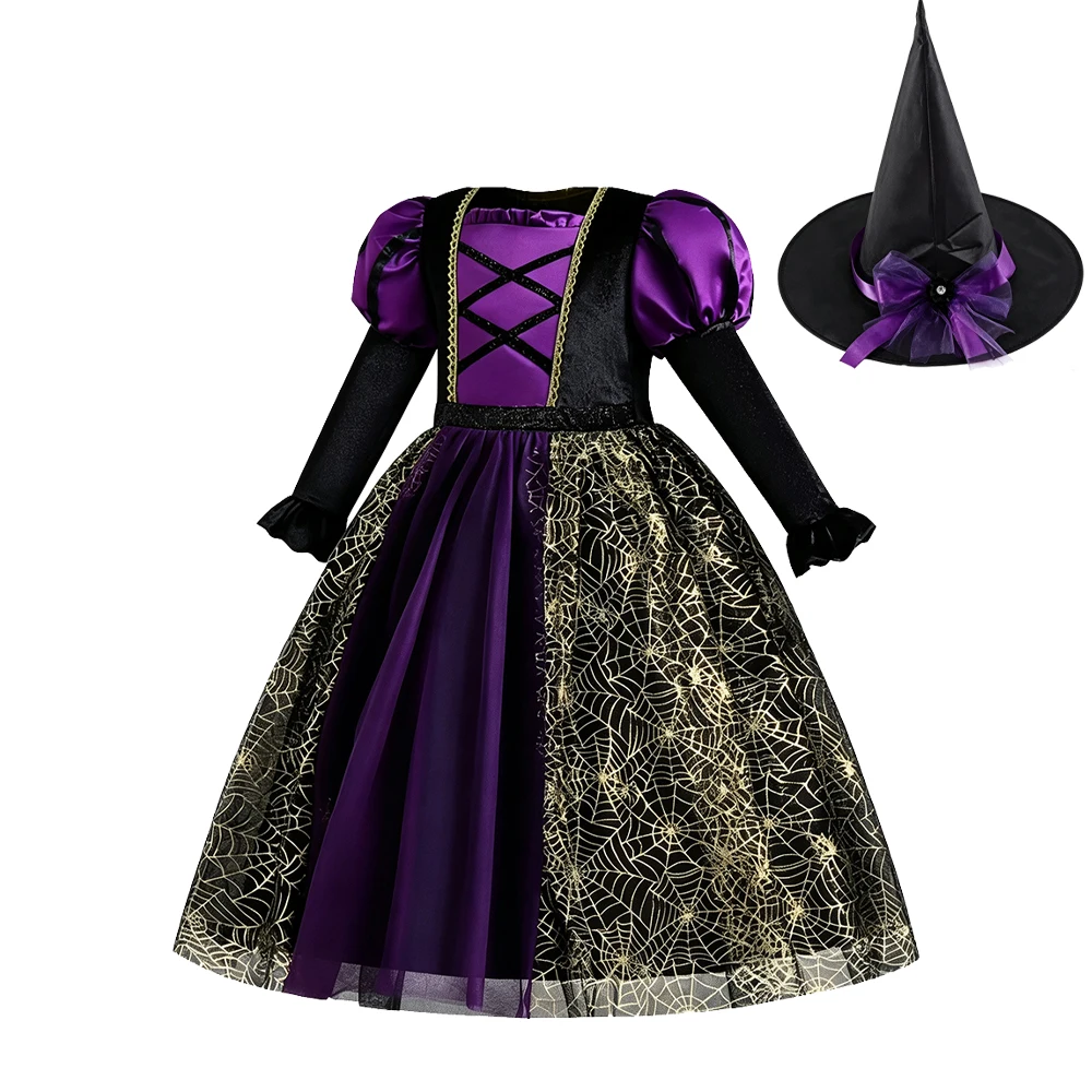 Kinder Gothic Hexenkostüm Schwarzes Lila Langarmkleid für Mädchen Böse Königin Halloween Karneval Faschingskostüm – Detail 8