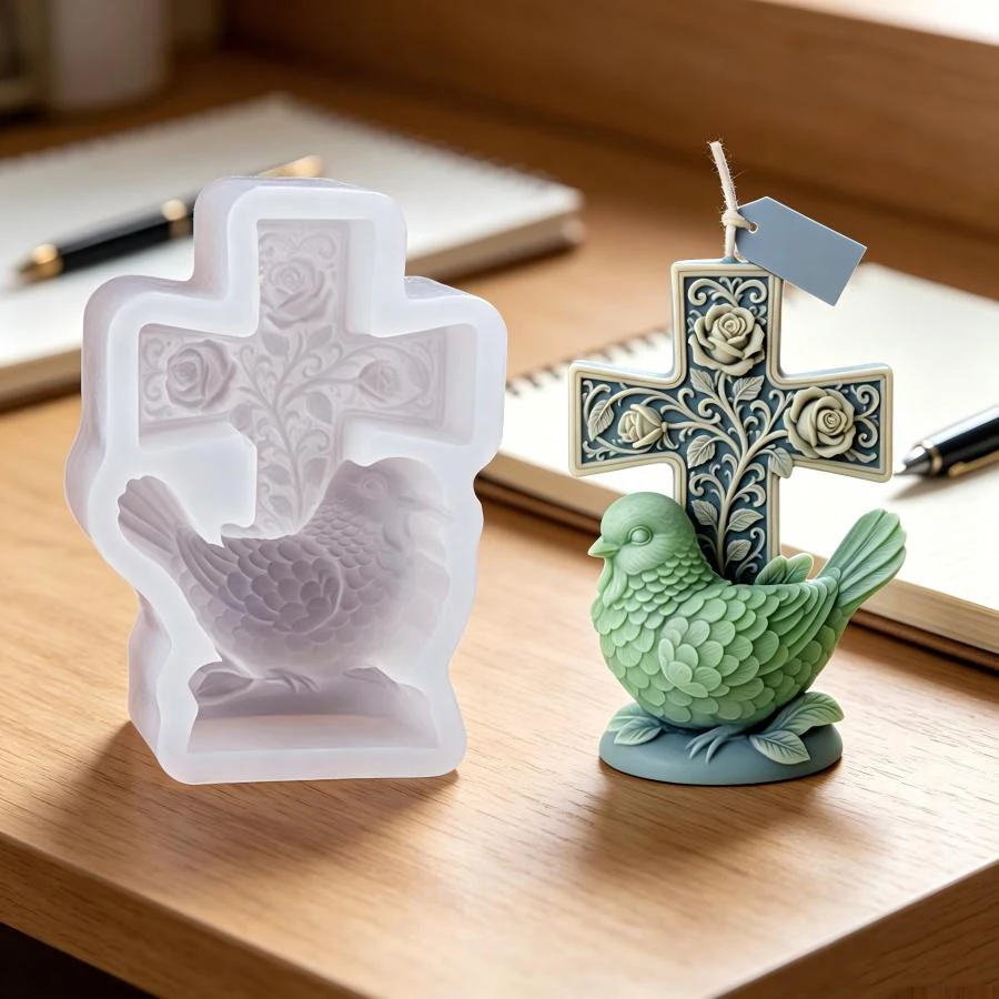 Nuevo Molde de Silicona para Velas con Forma de Cruz de Rosa y Paloma, Molde Artesanal Hecho a Mano con Forma de Cruz de Flor y Pájaro para Cemento, Yeso y Jabón, Regalo de Decoración para el Hogar