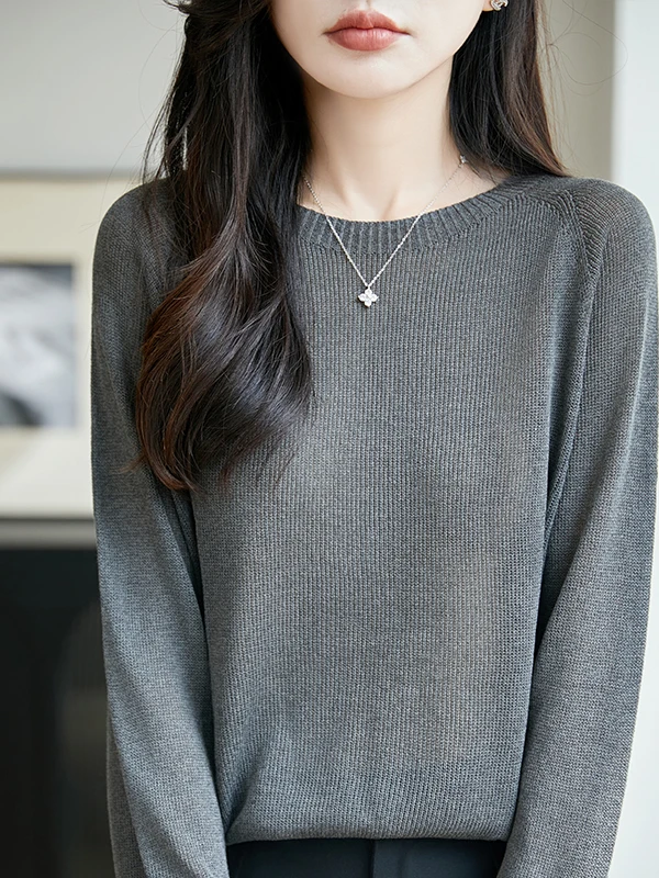 Minimalist Seamless round Neck Knitted Sweater Women's Loose Casual Long Sleeve Sun Protection Shirt Cover up Top