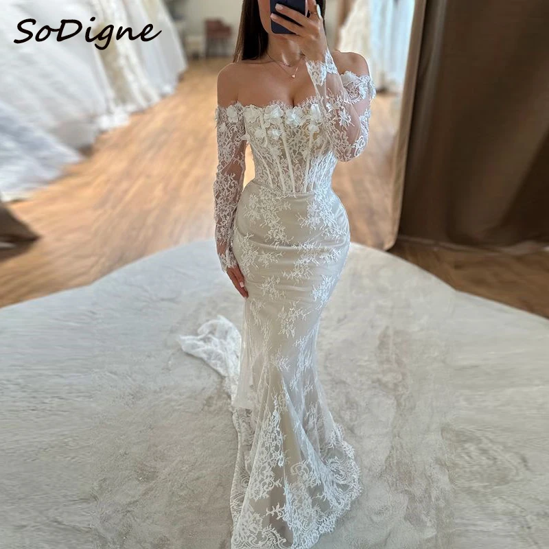 SoDigne Mermaid Lace Wedding Dresses Off Shoulder Long Sleeves Bridal Dress Boho Wedding Gown Robe De Mairee ﻿Customized