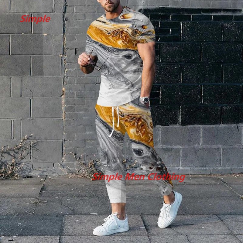 New Men's Trousers Tracksuit 2 Piece Set Men Jogger Sportswear Short Sleeve T Shirt+Men t shirt Long Pants Set Men Clothing