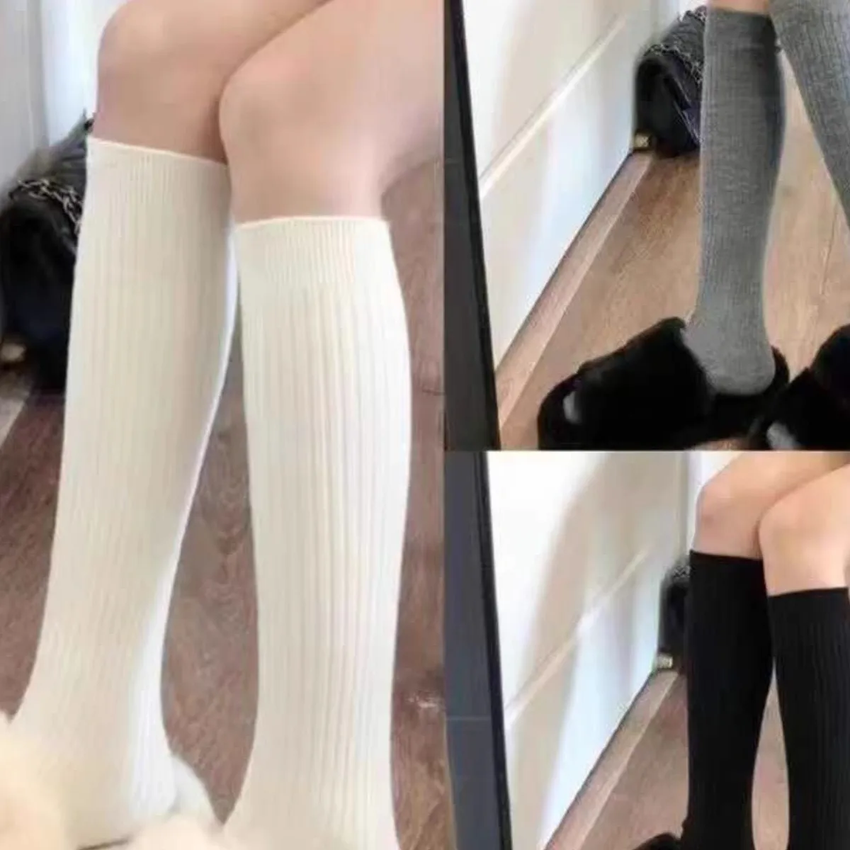 

1 Pairs Women Solid Versatile Stockings Comfortable Simple Korean Style Stripe Socks 3 Colors Elasticity Knit Knee High Socks