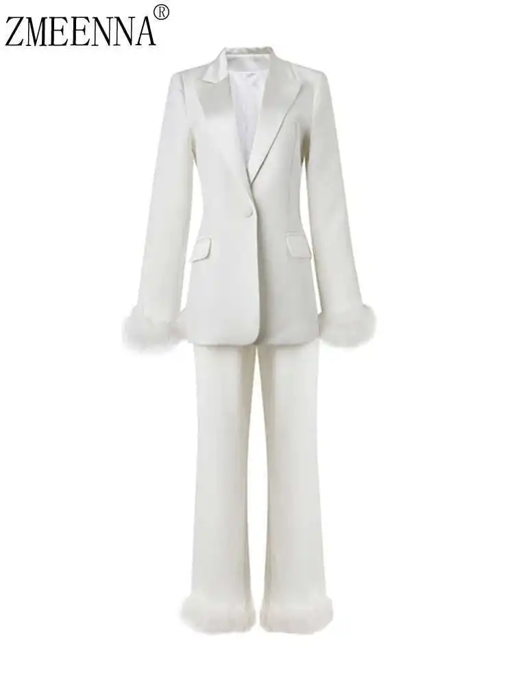

ZMEENNA Solid Color Long Sleeve Patchwork Feather Blazer High Waist Wide Leg Pants 2 Pieces Sets For Women 2025 Spring New ZM538