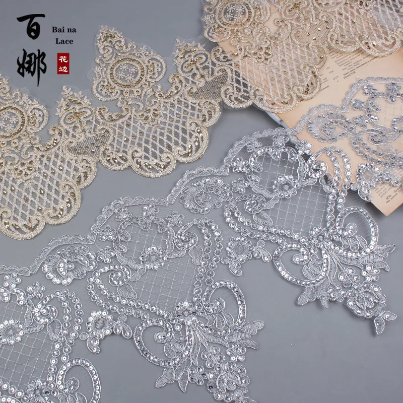 1 Yard 25cm wide Sequins Silver Thread Cording Lace Embroidery Lace Dress Home Textile Sequin Triming Dance Clothes DIY Materail