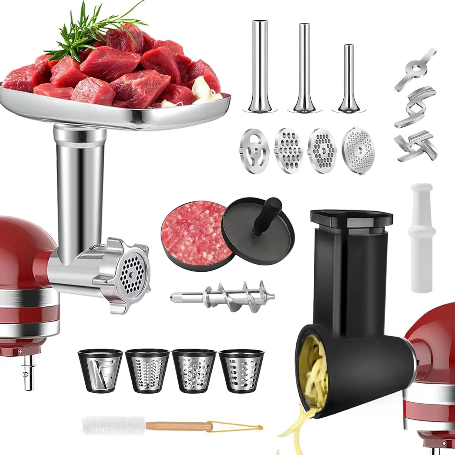 

2 комплекта насадок для мясорубки и терки для сыра для миксера KitchenAid, с 4 шлифовальными пластинами, 3 металлическими трубками для начинки колбас,
