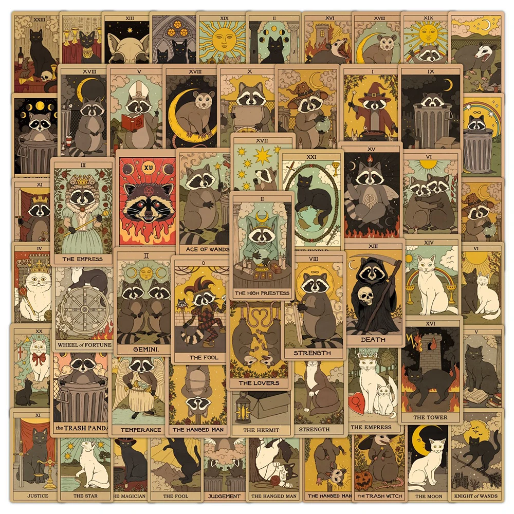 10/30/60 Stück geheimnisvolle Retro Katze Waschbär Tarot Karte Aufkleber Cartoon Gothic ästhetische Aufkleber DIY Laptop Skateboard Telefon Aufkleber
