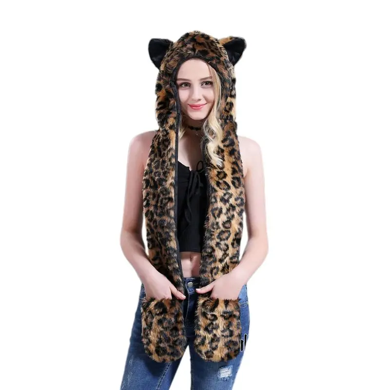 3 en 1 mujeres hombres mullido Animal peluche leopardo capucha bufanda sombrero con patas guantes guantes gruesos cálido