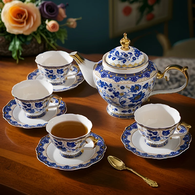 

Blue & White Vintage Floral 12-Piece Bone China Tea Set Includes Teapot & Ceramic Cups for Home Decor or Gift Giving