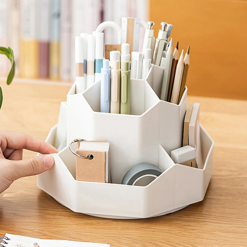 9-Partitions Rotating Pen Holder 360° Spinning Cosmetics Plastic Storage Box Large Capacity Brush Desk Organizer