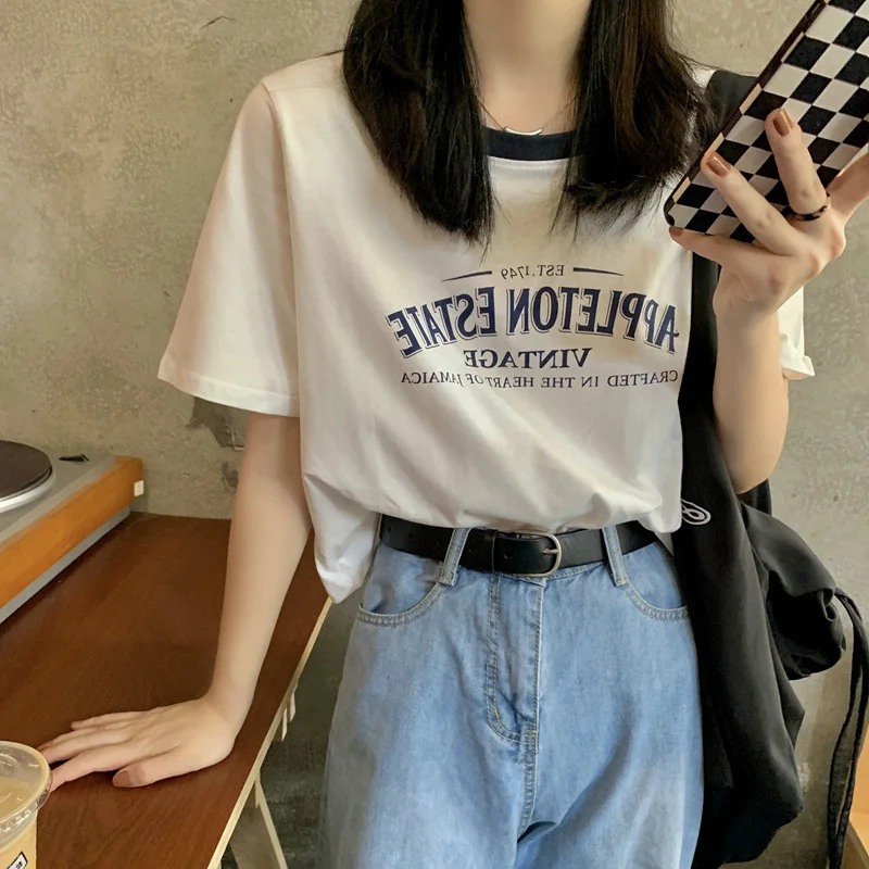 Qingdao Style Short Sleeve Pure Cotton T-Shirt Women's Premium Quality Shandong Jimo Origin Sweet College Style round Neck T-...