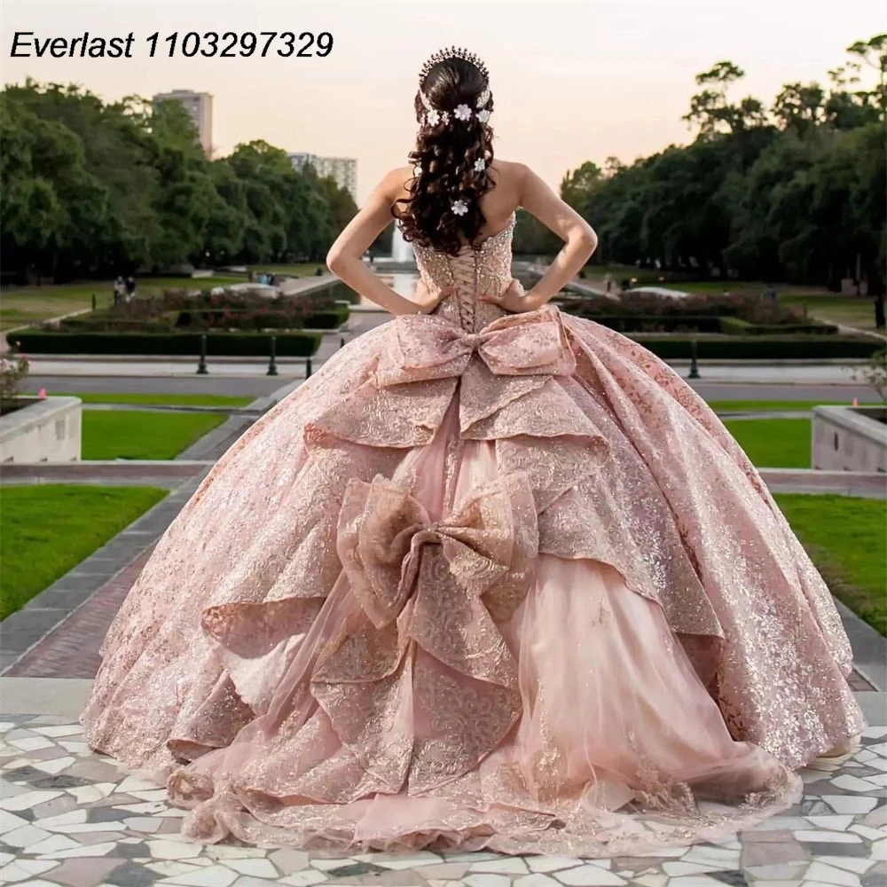 Evlast Glanzend Blush Roze Quinceanera Jurk Baljurk Pailletten Met Strik Korset Sweet 16 Vestido De 15 Anos Tqd498