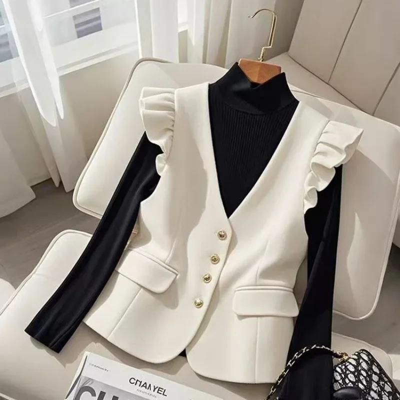 

2025NewSpring Autumn Suit Office Female Casual Short Vest Women Loose Wild Casual Waistcoat Lady Elegant Slim Sleevele Outerwear