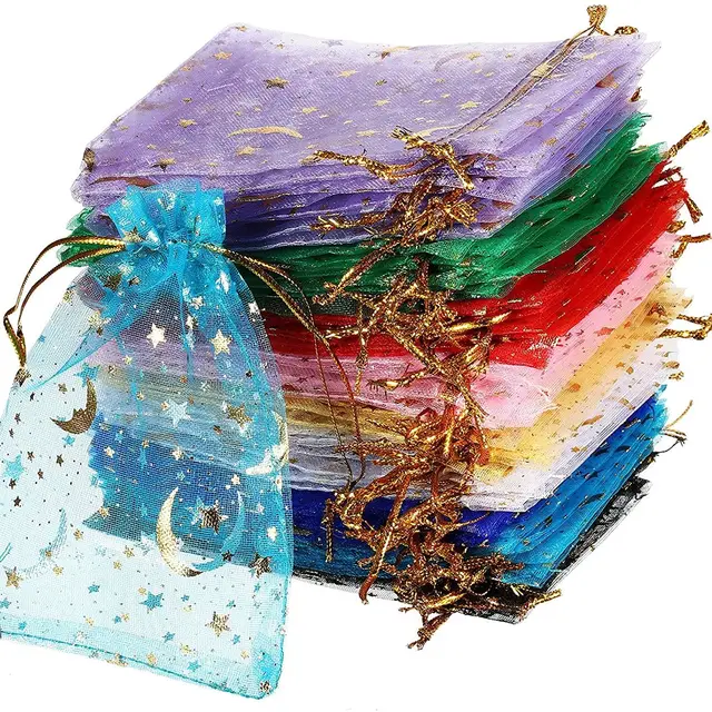 50 sztuk/partia 7x9 9x12 11x16 13x18cm drukowanie gwiazda księżyc boże narodzenie Organza worek sznurek urok torby do pakowania codzienna biżuteria