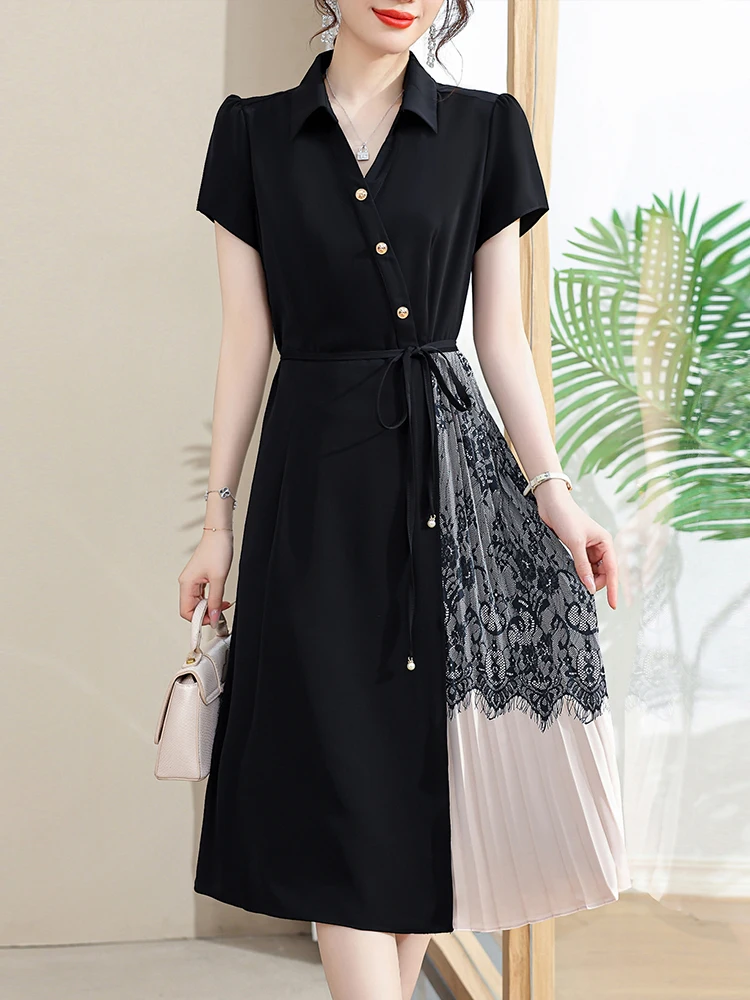 

Fashionable Summer Short Sleeve Chiffon Dress for Middle-Aged Mothers High-End Elegant Women's Clothing Midi Skirt Cake Skirt