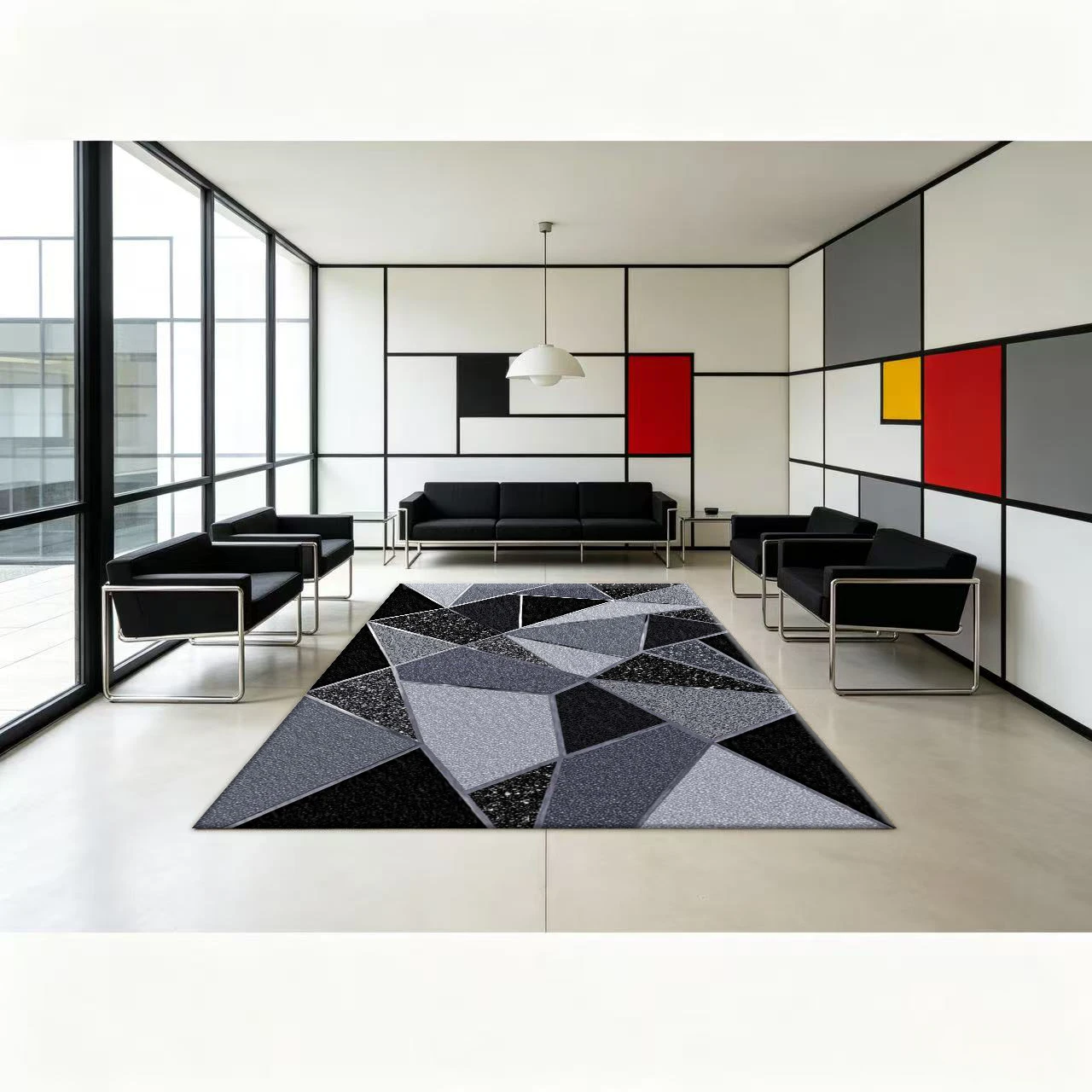Grey Black Geometric Triangle Mosaic Carpet Modern Texture Printed Carpet Non-Slip Floor Mat Suitable for Living Room Home Decor