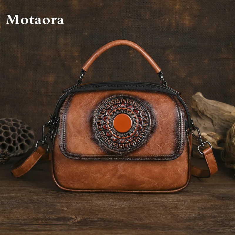 

MOTAORA 2025 Vintage Leather Women Handbag Totem Embossed Crossbody Purse with Adjustable Strap Retro Chinese Style Shoulder Bag