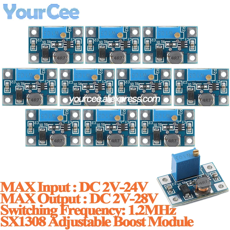 10pcs/1pc DC-DC SX1308 Step-UP Adjustable Power Step Up Boost Converter Board Module 1.2MHz 2-24V to 2-28V 2A